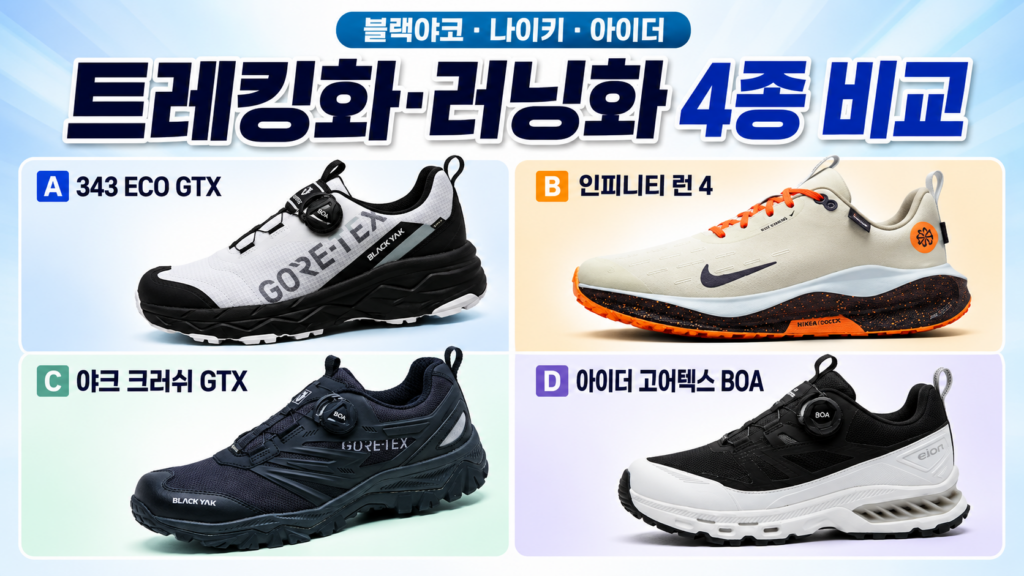 고어텍스 트레킹화 러닝화 4종 비교 !! 제품 이미지