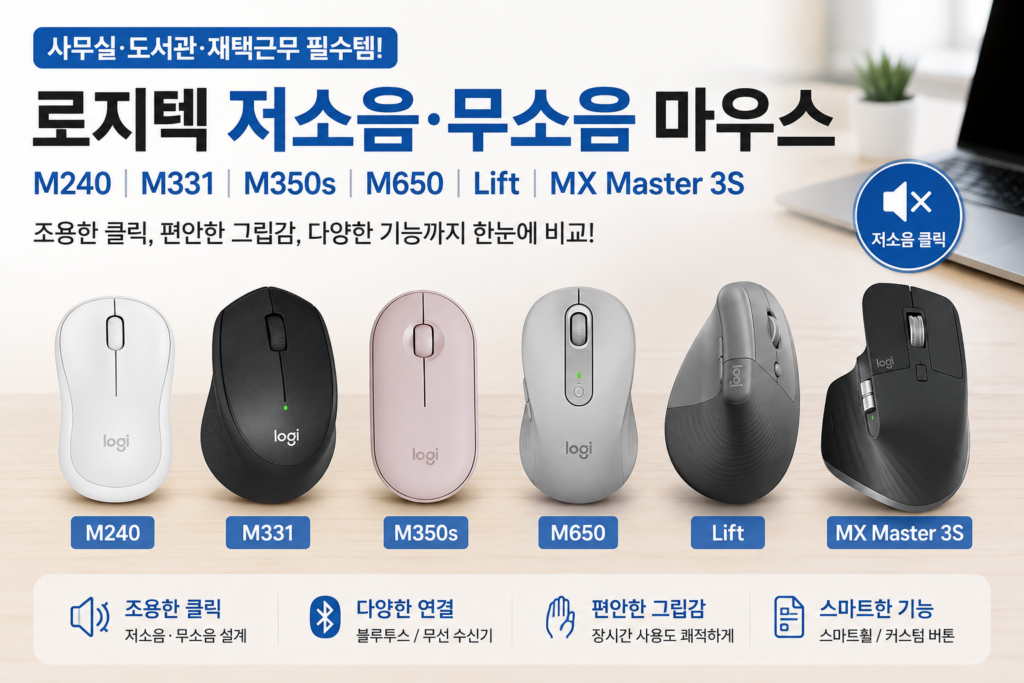 로지텍 저소음 무소음 마우스, M240, M331, M350s, M650, Lift, MX Master 제품 이미지