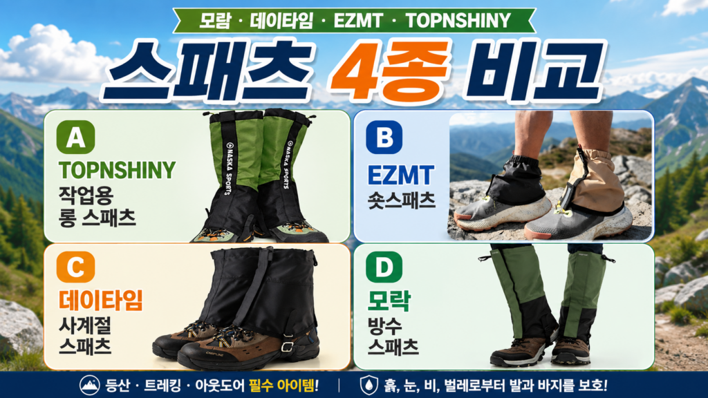 등산 스패츠 추천 2026｜모락·데이타임·EZMT·TOPNSHINY 4종 비교 제품 이미지