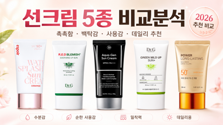 선크림 추천 2026｜에스쁘아·닥터지·히이즈·더페이스샵 5종 비교, 촉촉한 선크림부터 무기자차까지