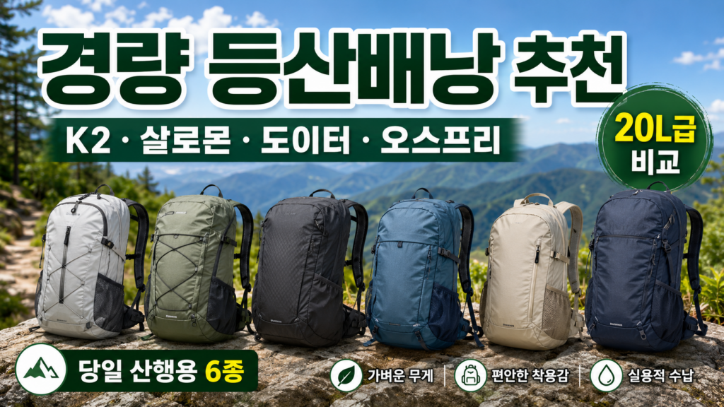 경량 등산배낭 추천 | K2, 살로몬, 도이터, 오스프리 20L 비교 제품 이미지