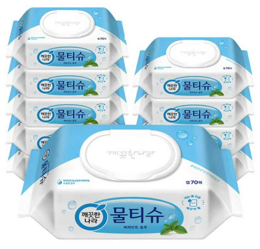 깨끗한나라 페퍼민트 물티슈 캡형 70매 10개 세트 할인정보 바로가기 제품 이미지